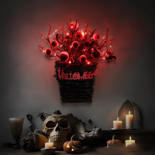 Halloween door hanging decoration with red eye bead flower basket design measuring 38x32x13cm