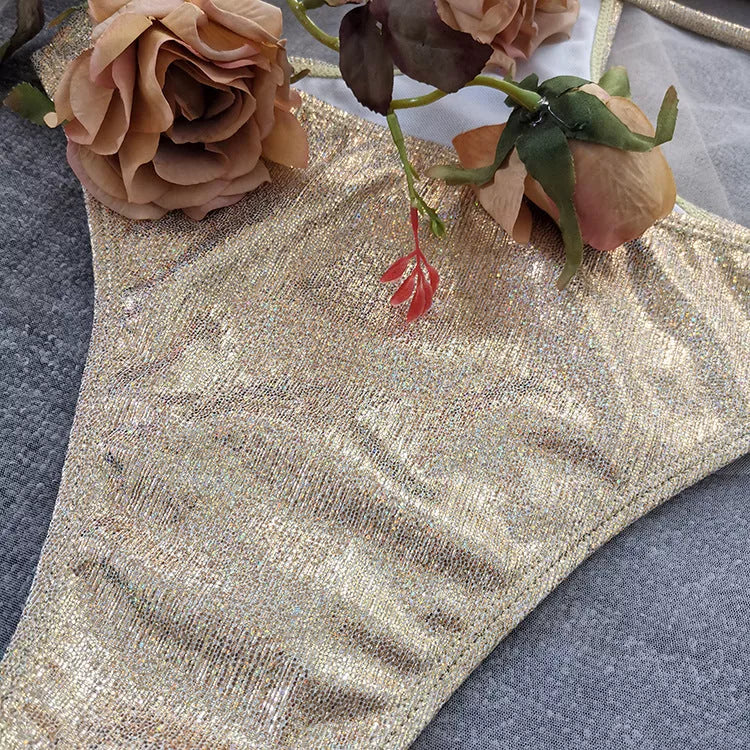 Women's gold foil stamped two-piece beach swimwear set with quick-drying fabric