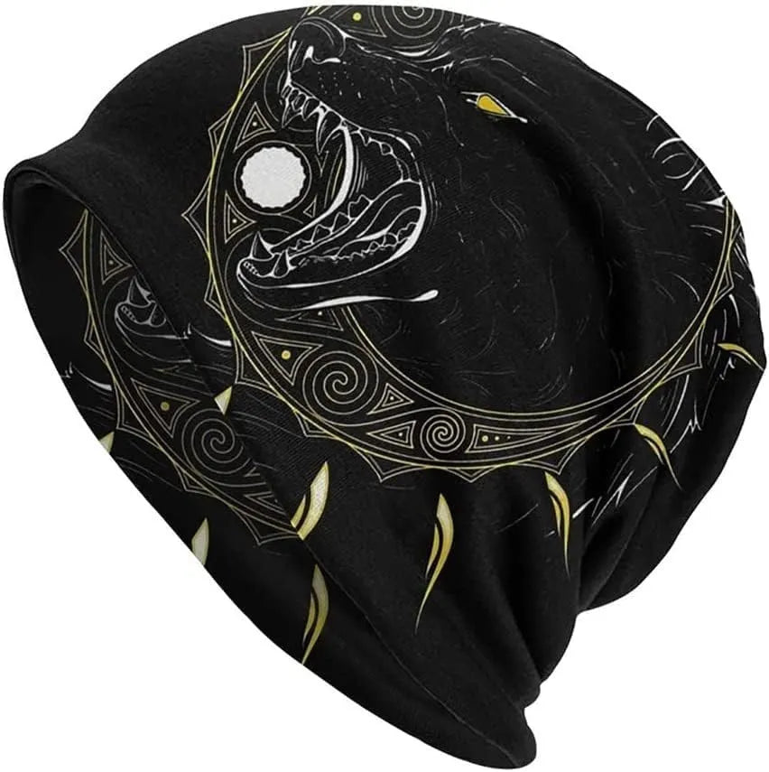 A black cotton hat with a white Viking wolf graphic and an elasticated sleeve cap construction.