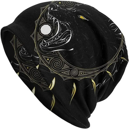 A black cotton hat with a white Viking wolf graphic and an elasticated sleeve cap construction.