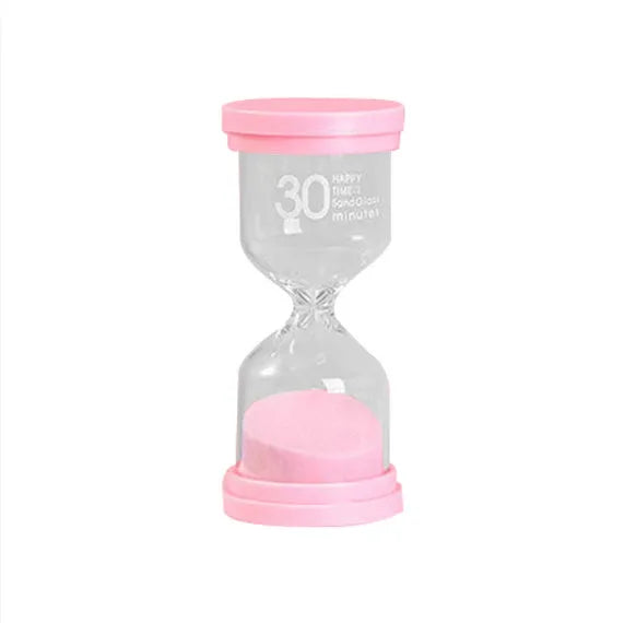 Glass sand timer with coloured quicksand in blue, green, pink, or purple options for 5-30 minute timing