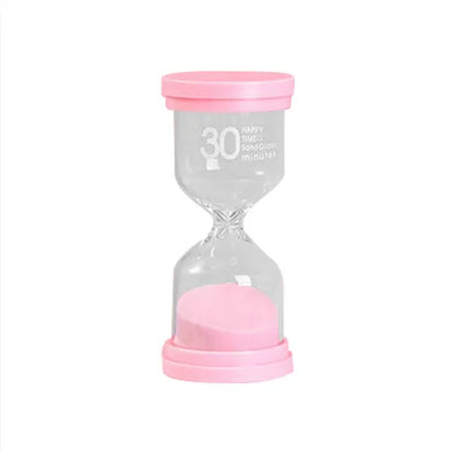 Glass sand timer with coloured quicksand in blue, green, pink, or purple options for 5-30 minute timing