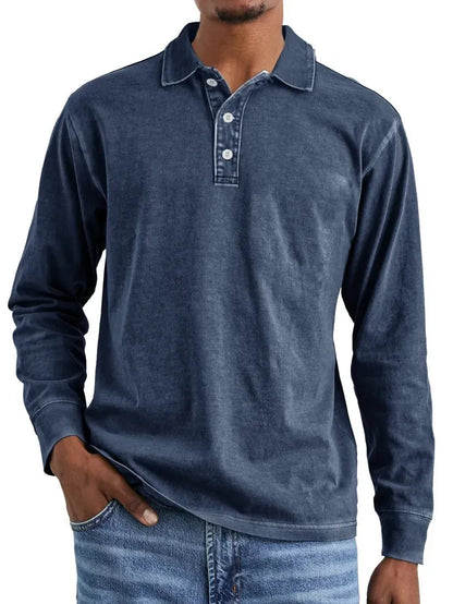 Retro washed distressed cotton lapel long sleeve polo shirt in various colours and sizes