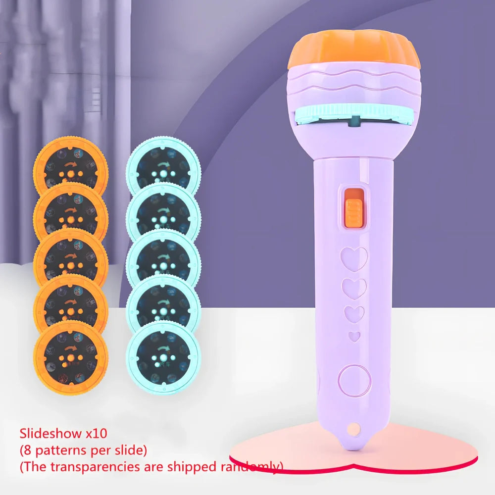 Red plastic cartoon projection flashlight showing rotating lens for 80 pattern changes