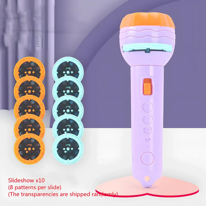 Red plastic cartoon projection flashlight showing rotating lens for 80 pattern changes