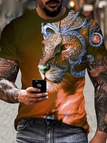 Men's black t-shirt with a fierce lion face 3D graphic print on the front.