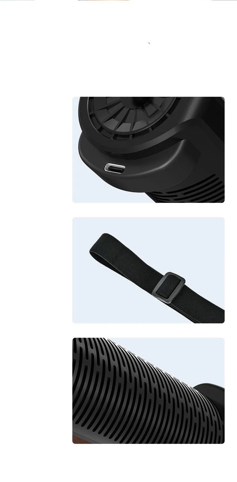 Black bladeless car-mounted fan with USB power cord on a car headrest.