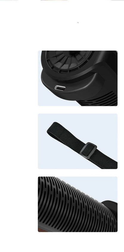 Black bladeless car-mounted fan with USB power cord on a car headrest.