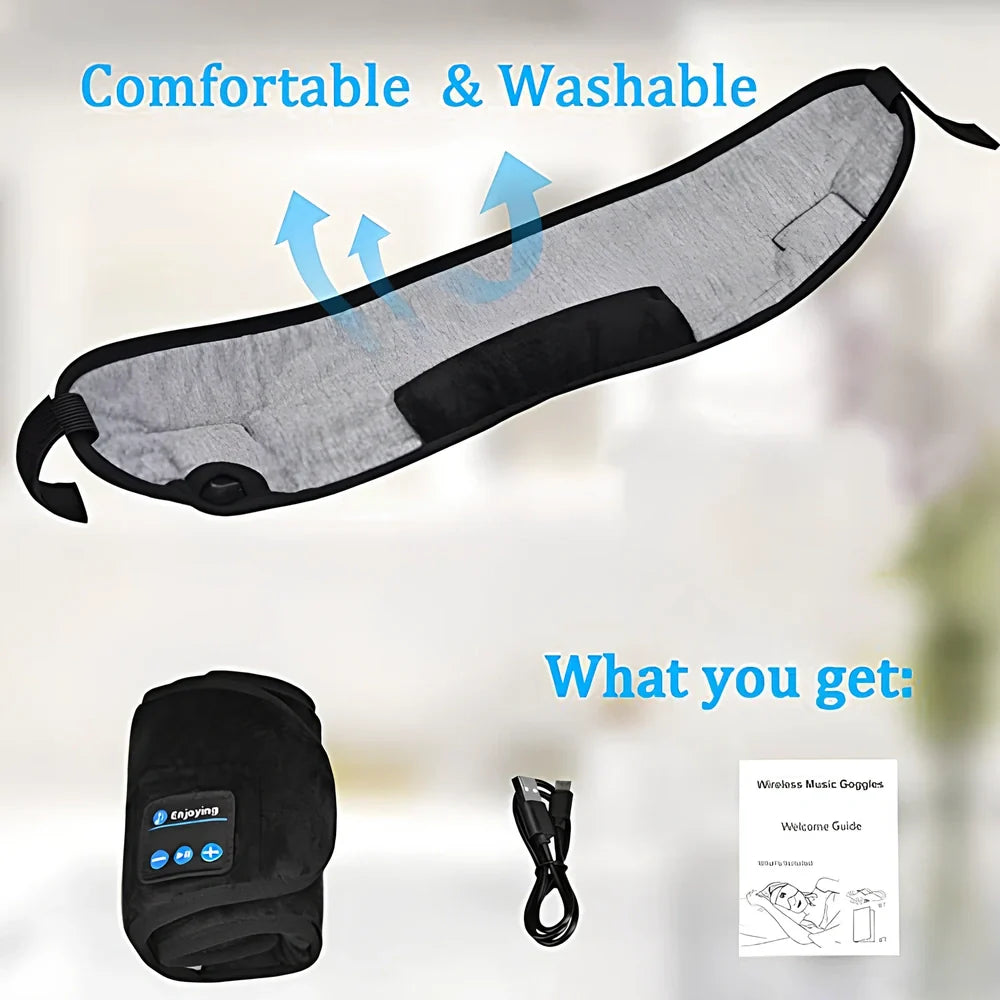 Black Bluetooth 5.0 eye mask with adjustable elastic strap and built-in speakers for wireless audio