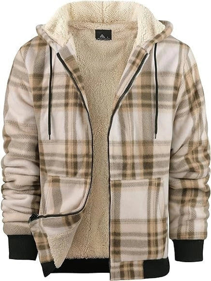 Men's plaid print hooded zip-up jacket with thickened cotton padding for winter warmth
