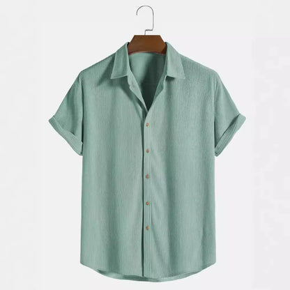Men's casual short-sleeved cardigan shirt in polyester, shown in available colours.