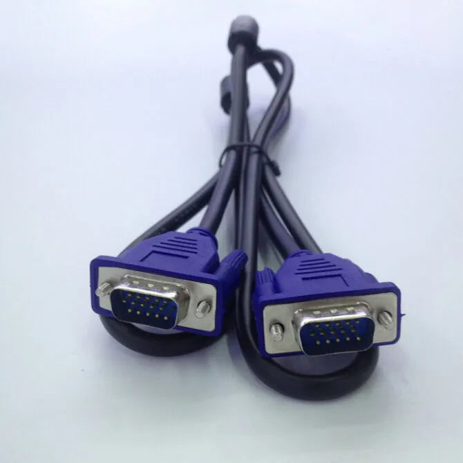Black VGA cable with blue connector heads measuring 1.5 metres for computer to monitor connections