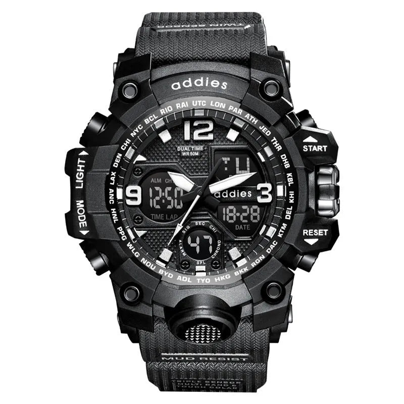Men's electronic sports watch with dual display and stainless steel buckle in black, red, white and transparent white options