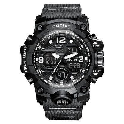 Men's electronic sports watch with dual display and stainless steel buckle in black, red, white and transparent white options