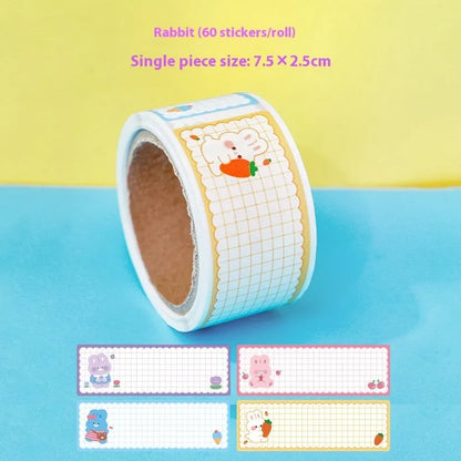 Roll of student name tape stickers with cartoon dinosaur, astronaut, rabbit, and girl designs for labelling