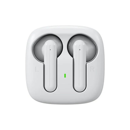 Wireless Bluetooth earbuds with noise reduction, sports style, available in black, white, or skin colour, plastic.