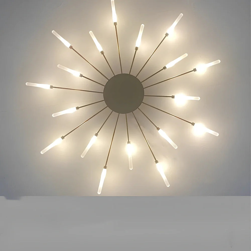 Ceiling room light with decorative iron framework and multiple bulb heads in gold or sand black finish