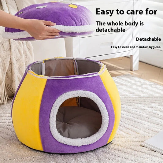 Grey mushroom-shaped cat nest with detachable pink thermal blanket, showing enclosed design and plush material texture