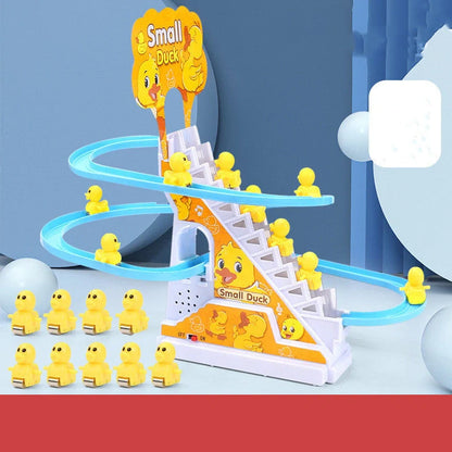 Little Duck Climbing Stairs Toy showing three yellow ducks on rotating slide with colourful LED lights