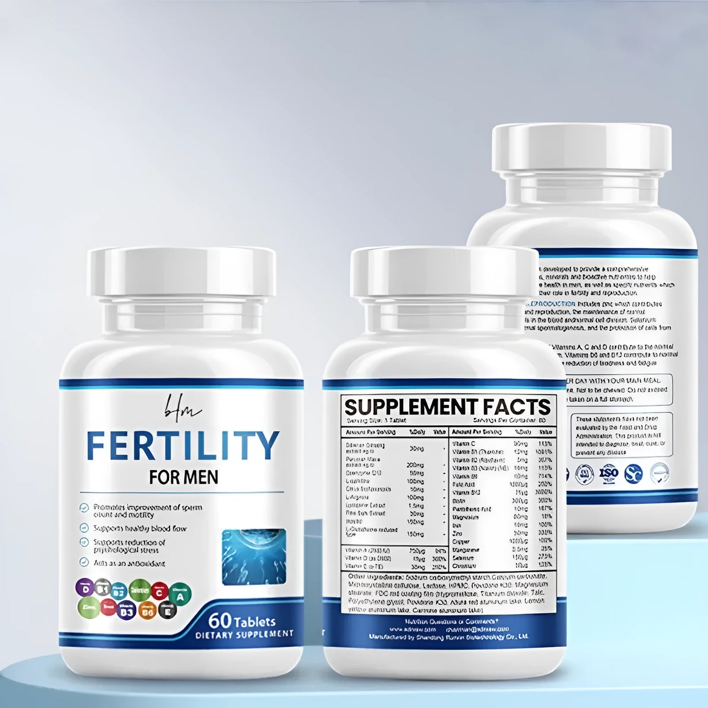 Bottle of 60 male fertility tablets with COMLEX vitamin mineral amino acids formula