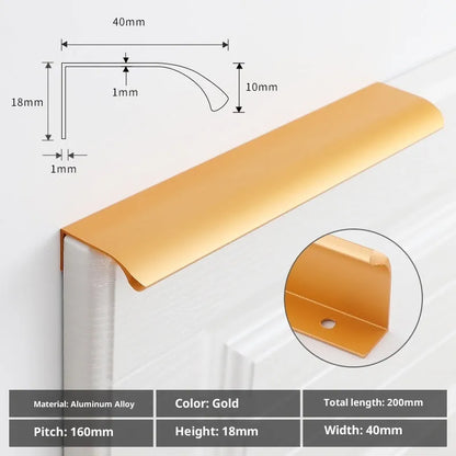 No-drill hidden cabinet handle in aluminium alloy, black or gold, long pull for wardrobe or kitchen door