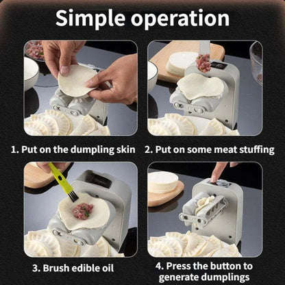White automatic electric dumpling maker machine with USB cable, brush, and spoon.