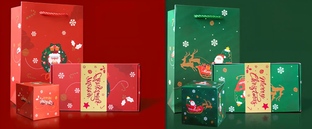 Christmas Eve Surprise Box showing bounce box compartments in cinnabar red with gift box and bag