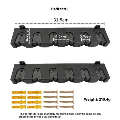 Black ABS wall-mounted fishing rod storage rack holding multiple rods horizontally on a shed wall.