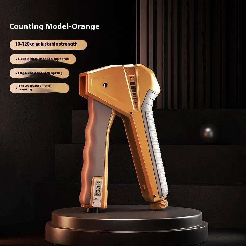 Second generation adjustable hand gripper with mechanical counter showing orange handles and resistance dial.