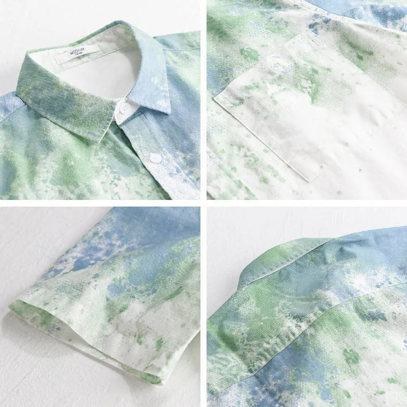 Men's grey hanging dyed pure cotton short-sleeved shirt with loose cardigan fit