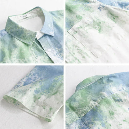Men's grey hanging dyed pure cotton short-sleeved shirt with loose cardigan fit