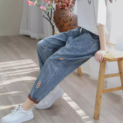 Women's Summer Fashion Ripped Ninth Jeans in green and orange