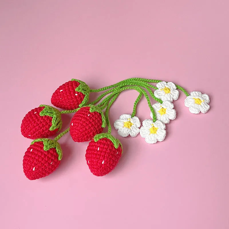 Wool crochet woven strawberry pendant necklace on 35cm chain in pink or red colour