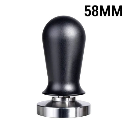 Stainless steel coffee tamper with silicone distribution pad in black or red, showing aluminium handle.