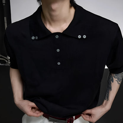 Men's black double collar polyester short sleeve shirt with loose fit and slim knit construction