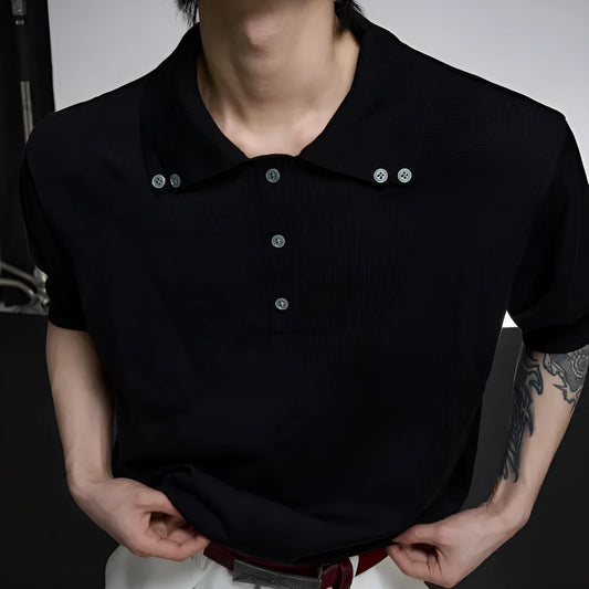 Men's black double collar polyester short sleeve shirt with loose fit and slim knit construction
