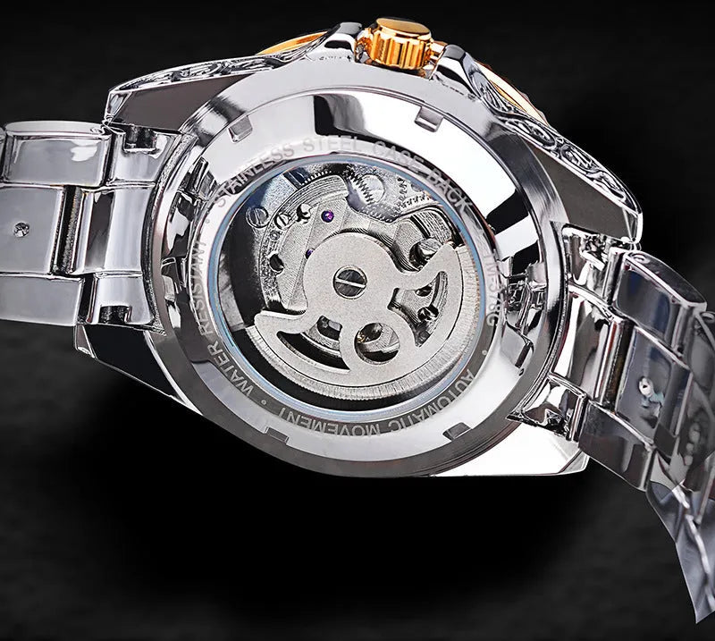 Forsining yellow stainless steel skeleton tourbillon automatic watch with 44mm case.