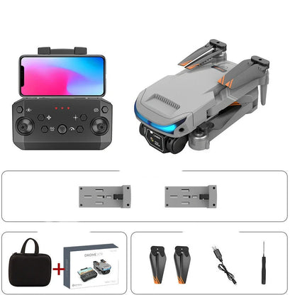 Black foldable drone with dual 4K cameras, unfolded to 18cm with protective covers installed
