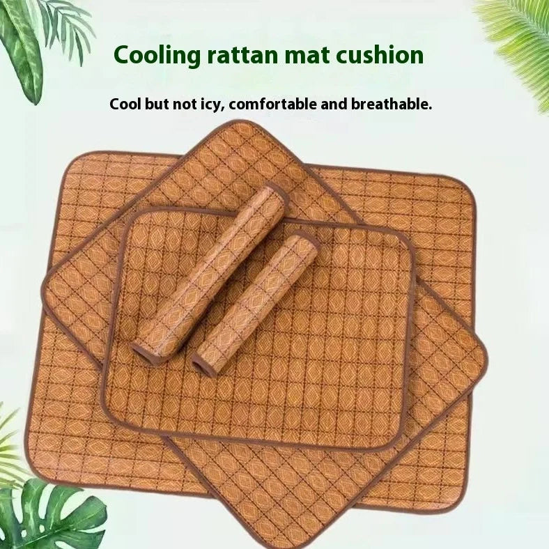 Brown rattan fibre dog cooling mat with open weave construction for summer use