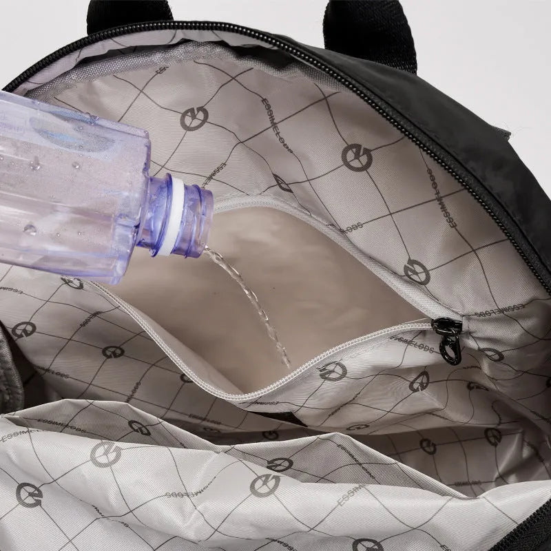 Outdoor backpack showing sandwich pocket design with 48cm height dimensions and nylon construction