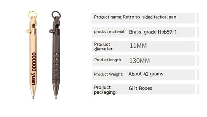 Brass hexagonal bolt action roller pen with 0.5mm tip in natural or black finish