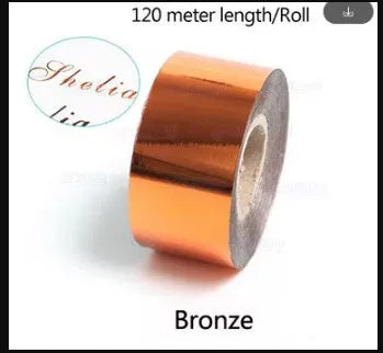 Roll of electrochemical aluminium hot foil for branding on leather and plastic, showing metallic finish and 120m length