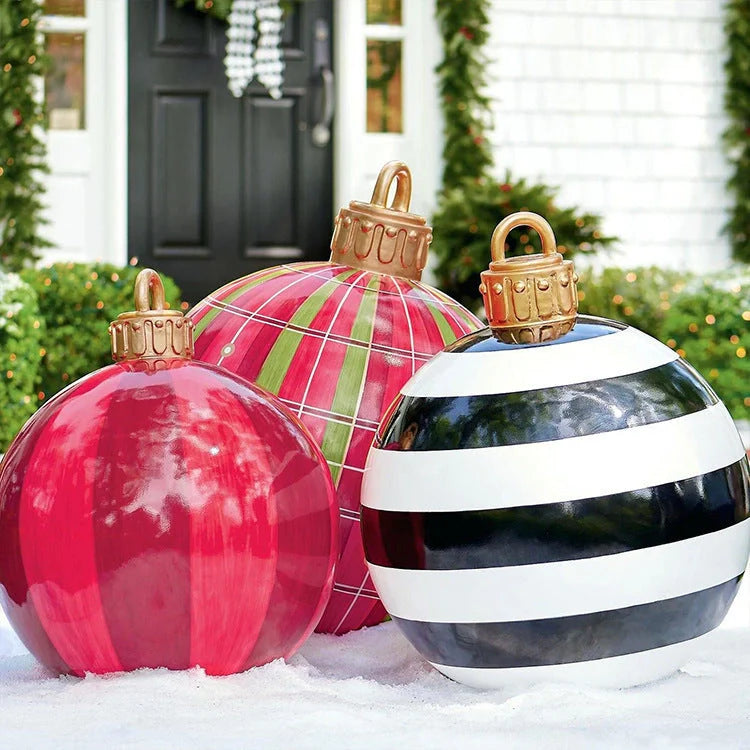Vibrant, inflatable 60cm Christmas ball decorations in various patterns and colors for indoor and outdoor holiday display