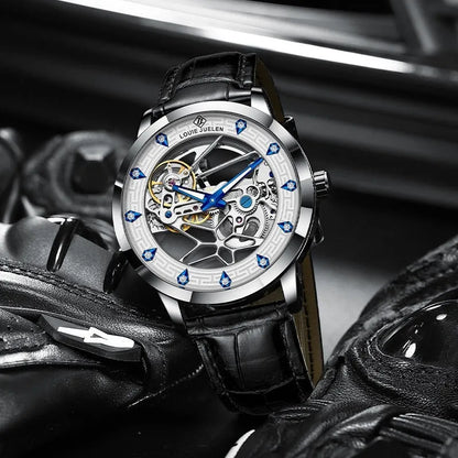Men's silver case mechanical watch with white dial, blue hands, and black genuine leather strap