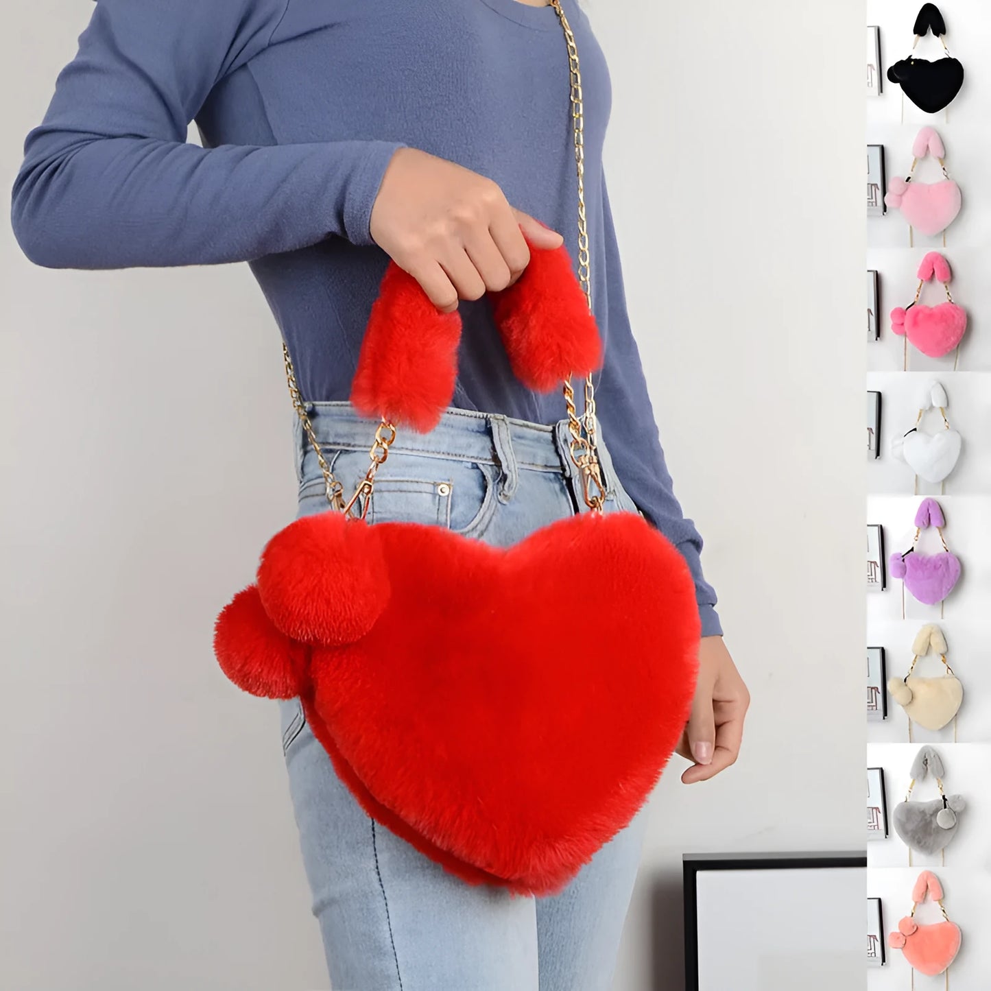 Women's soft plush heart-shaped handbag with shoulder strap in multiple solid colours