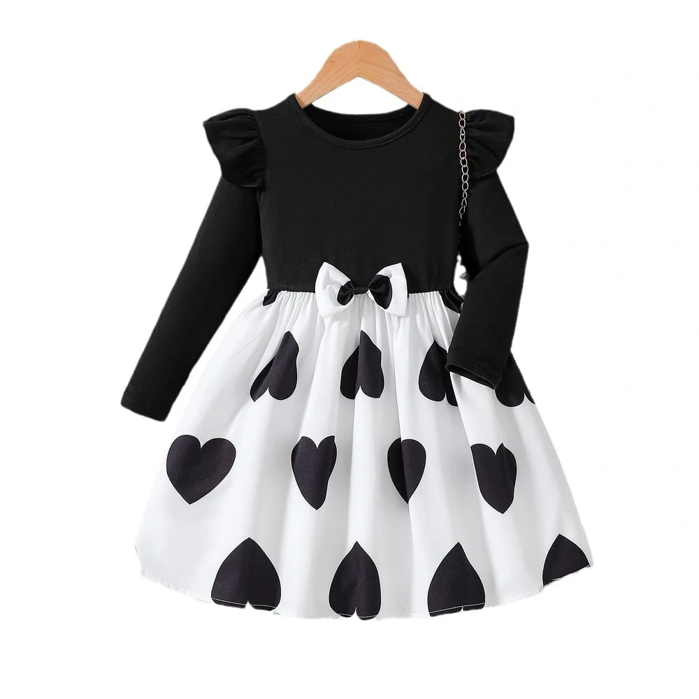Black Korean-style princess dress with cartoon pattern and long sleeves for girls