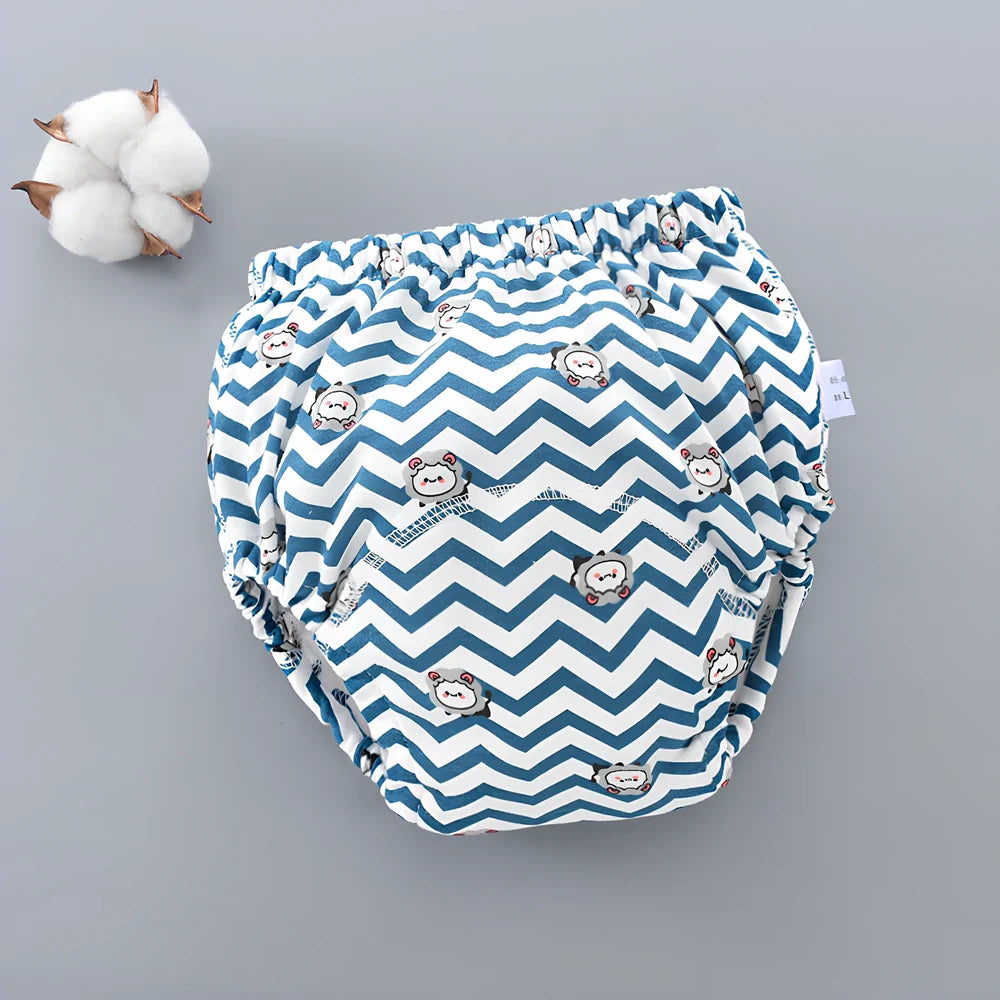 Washable baby training pants with 6-layer gauze construction in assorted patterns including animals and geometric designs