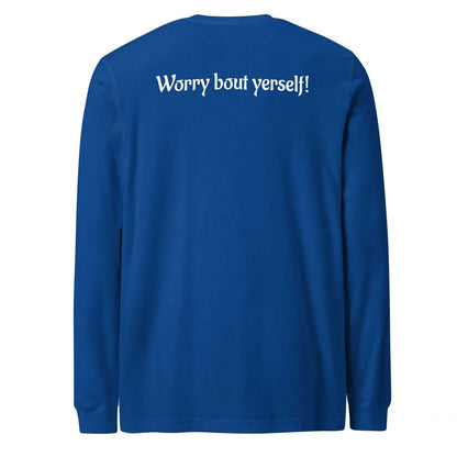 Blue loose round neck sweater with printed letter patterns, medium thickness polyester fabric