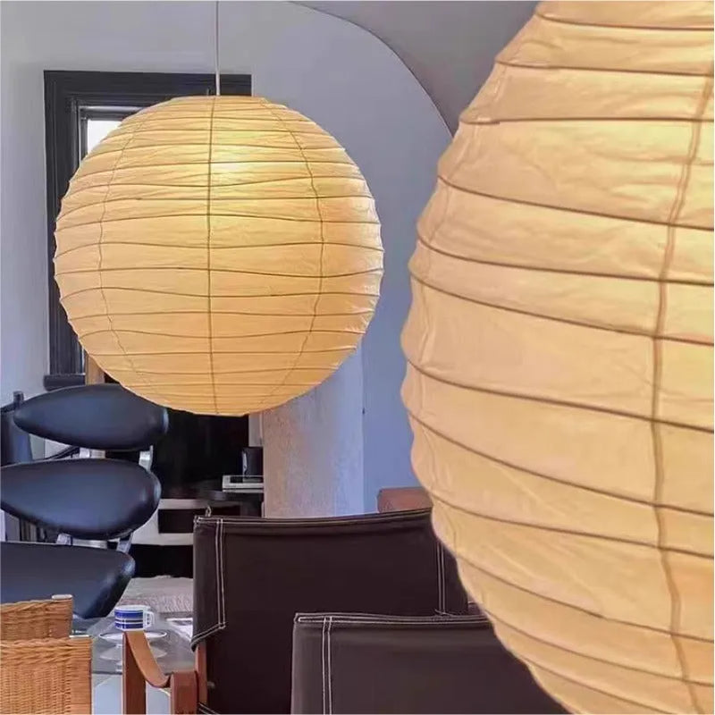 Living Room Clothing Store Atmosphere Ball Rice Paper Chandelier: Japanese-style pendant light with 30cm, 45cm, and 55cm diameter options, providing adjustable three-colour and warm light illumination for hotel, homestay, and retail spaces.