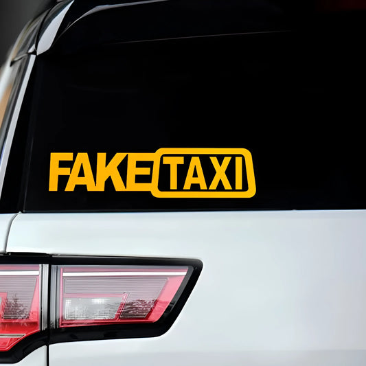 Waterproof FAKE TAXI car sticker in black, 20cm by 8cm, on a vehicle window.